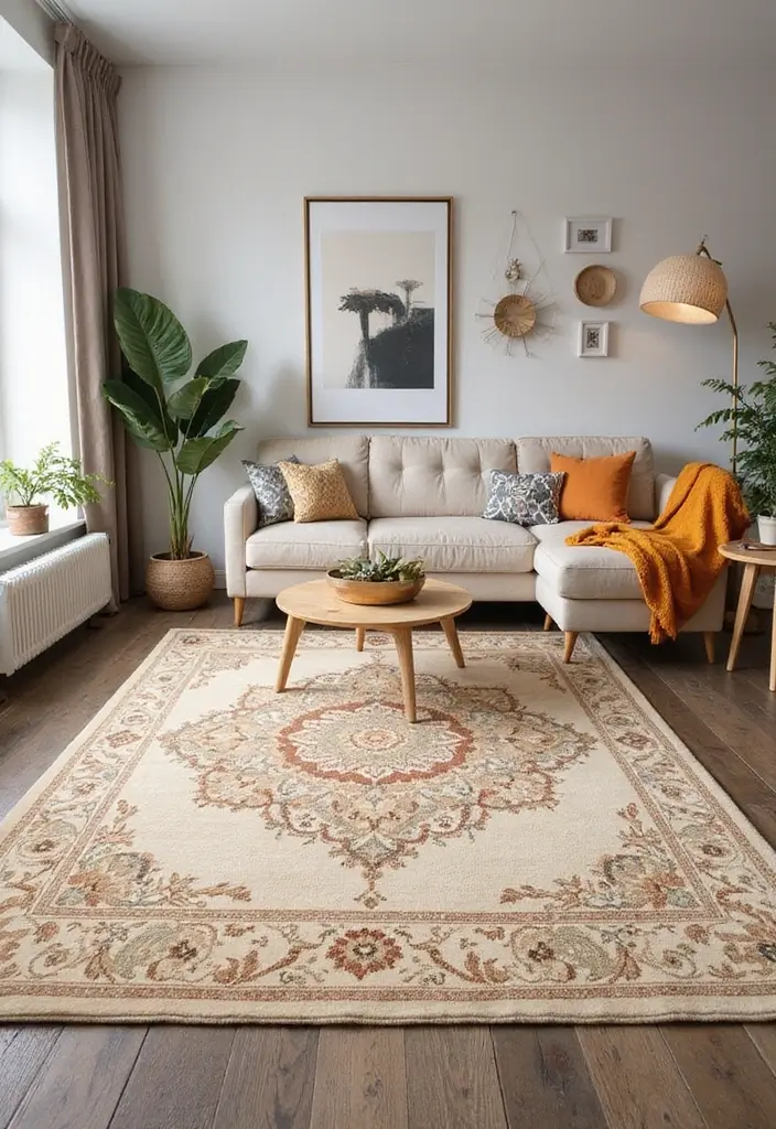 27 Neutral Living Room Rug Ideas That Ground Your Space Beautifully - 17. Beige Medallion Area Rug