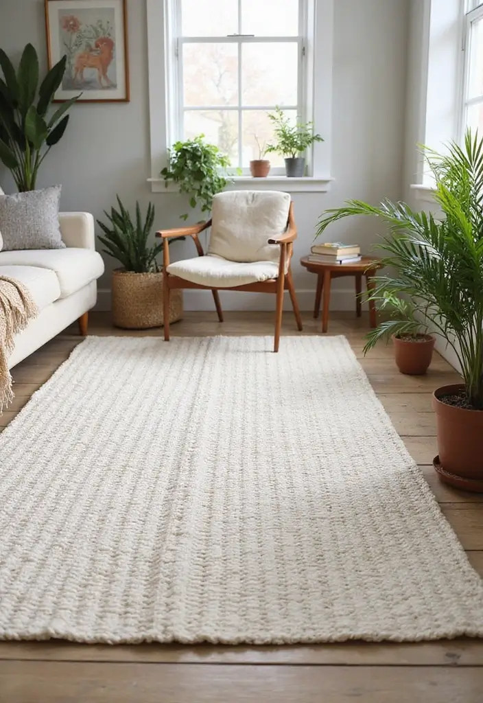 27 Neutral Living Room Rug Ideas That Ground Your Space Beautifully - 18. Off-White Braided Rug