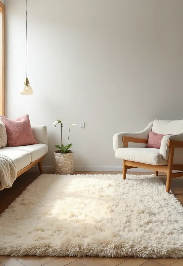 27 Neutral Living Room Rug Ideas That Ground Your Space Beautifully - 2. Soft Cream Shag Rug