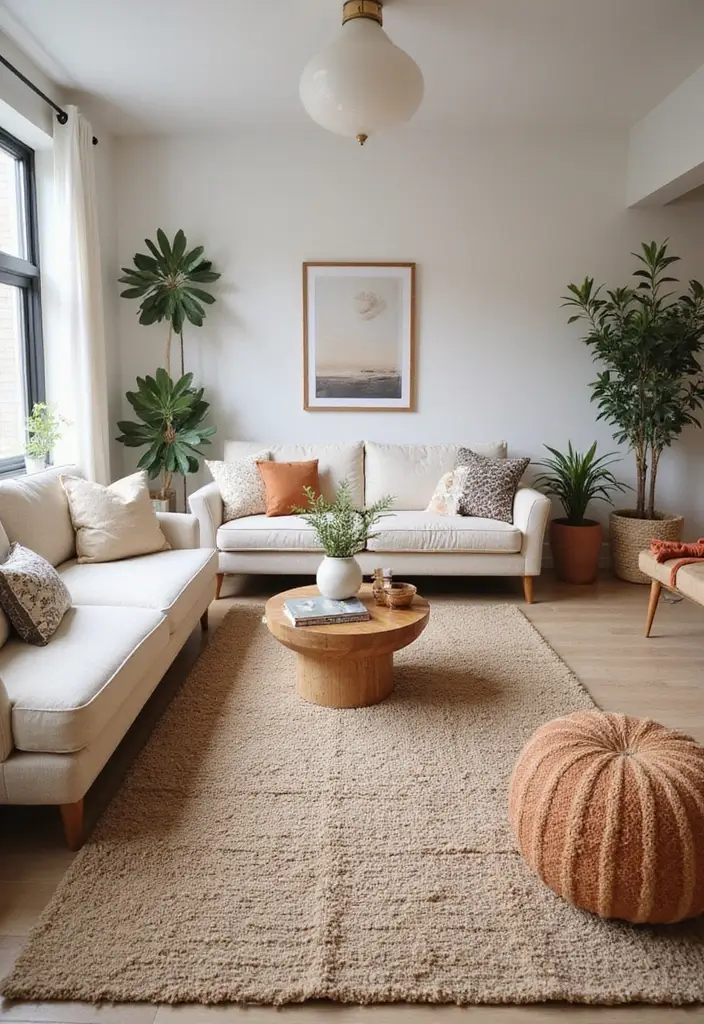 27 Neutral Living Room Rug Ideas That Ground Your Space Beautifully - 20. Warm Taupe Berber Rug