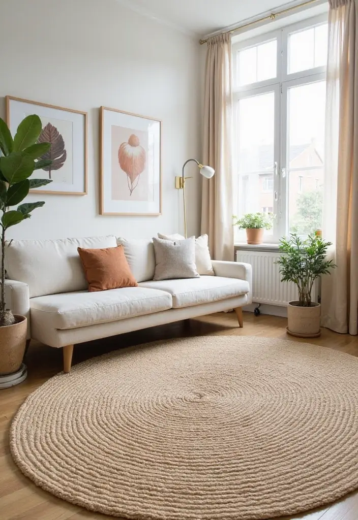 27 Neutral Living Room Rug Ideas That Ground Your Space Beautifully - 22. Sand-Colored Flat Weave Rug