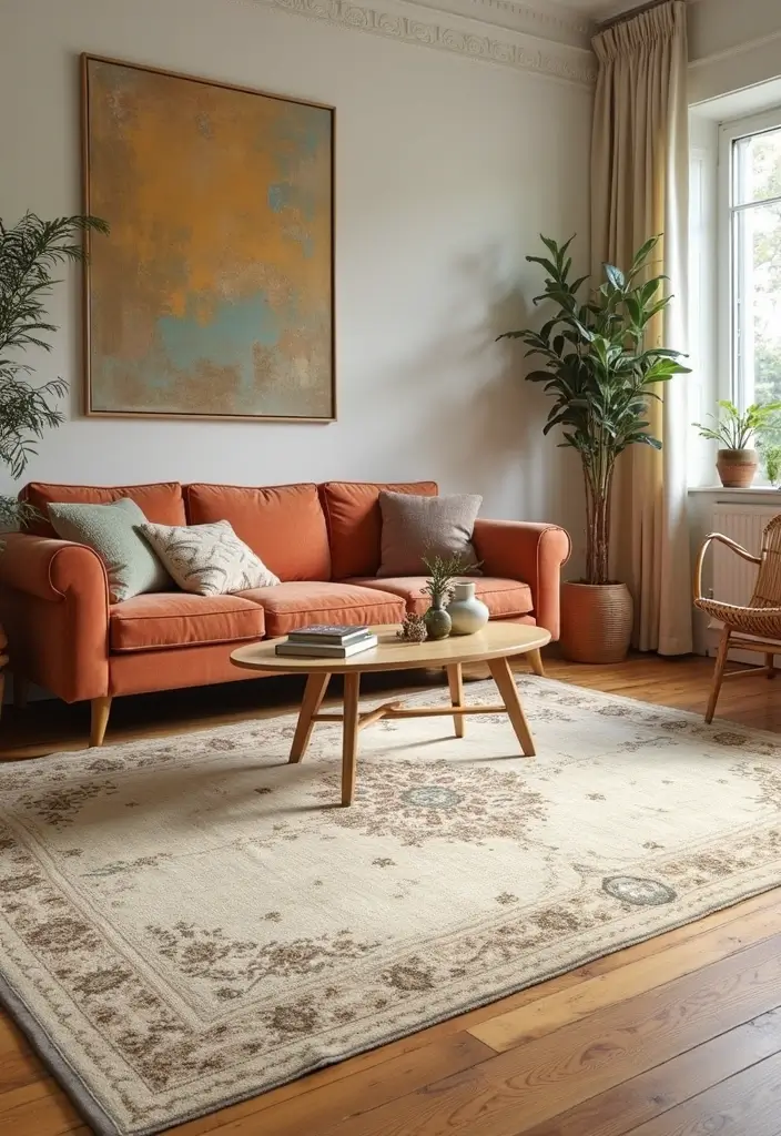 27 Neutral Living Room Rug Ideas That Ground Your Space Beautifully - 23. Creamy Beige Vintage Style Rug