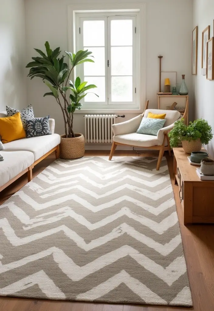 27 Neutral Living Room Rug Ideas That Ground Your Space Beautifully - 24. Taupe and White Chevron Rug