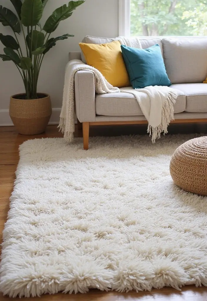 27 Neutral Living Room Rug Ideas That Ground Your Space Beautifully - 25. Warm White Hand-Tufted Rug