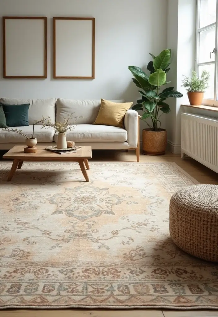 27 Neutral Living Room Rug Ideas That Ground Your Space Beautifully - 26. Light Beige Vintage Persian Rug