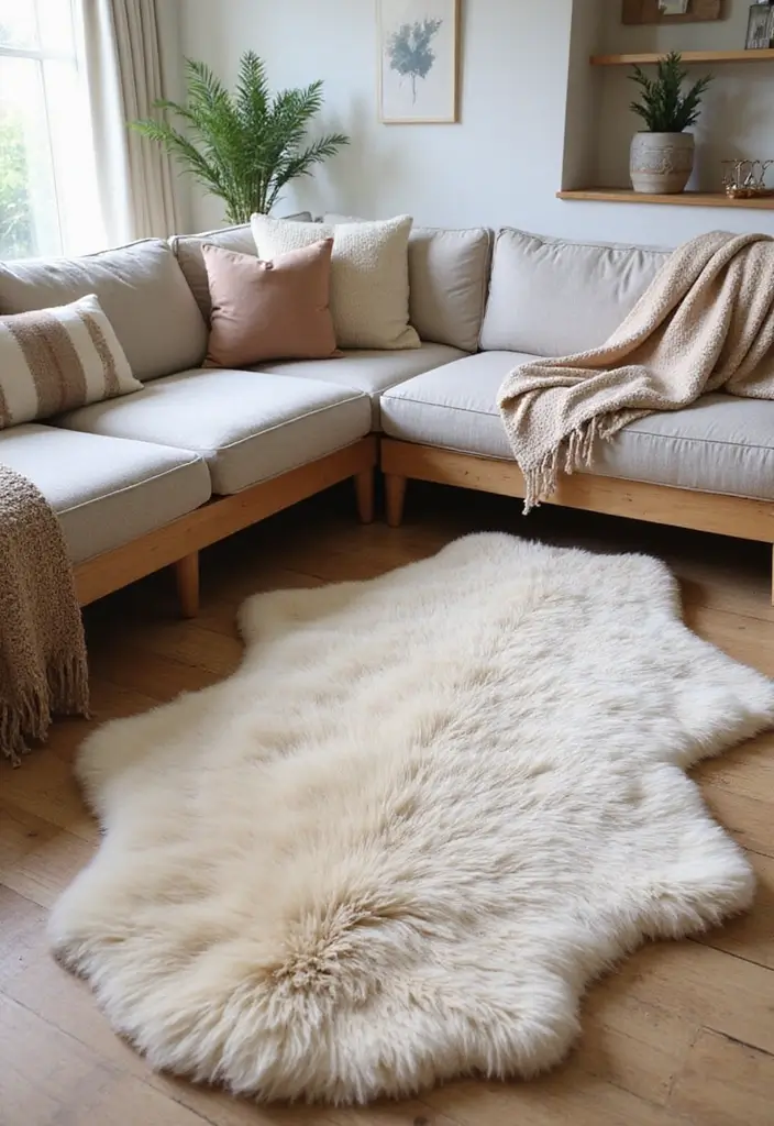 27 Neutral Living Room Rug Ideas That Ground Your Space Beautifully - 27. Pale Taupe Sheepskin Rug