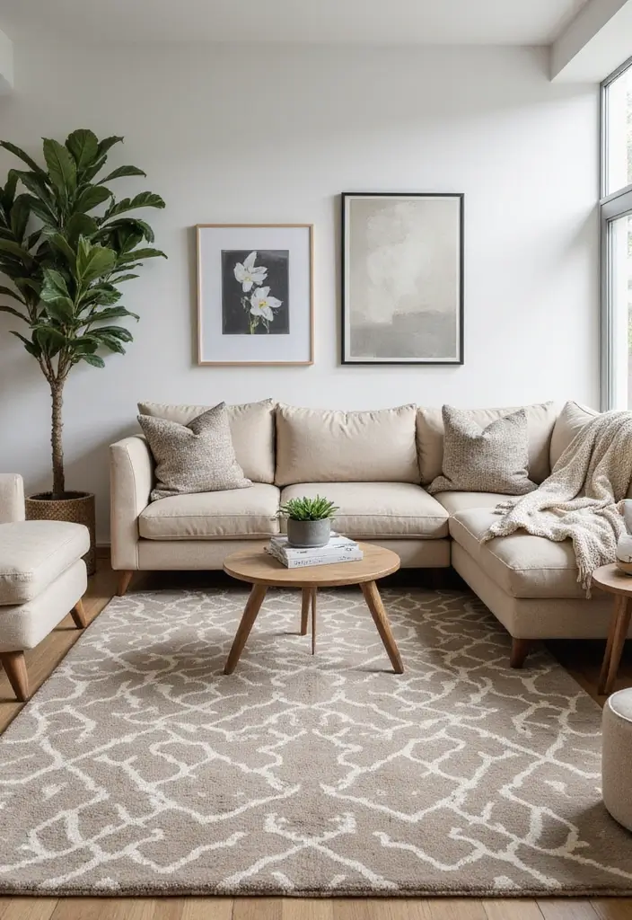 27 Neutral Living Room Rug Ideas That Ground Your Space Beautifully - 4. Taupe Geometric Pattern Rug
