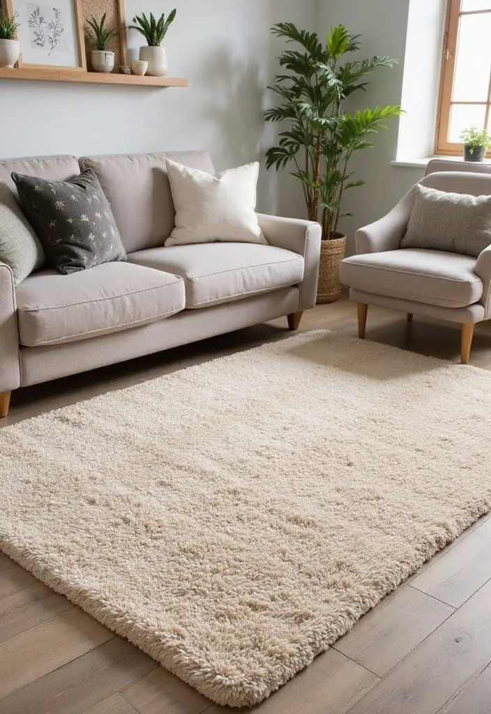 27 Neutral Living Room Rug Ideas That Ground Your Space Beautifully - 5. Beige Chenille Rug