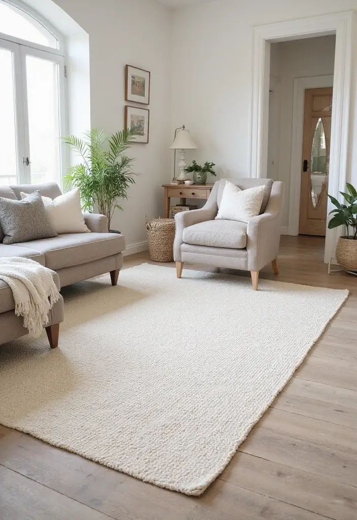 27 Neutral Living Room Rug Ideas That Ground Your Space Beautifully - 7. Ivory Flat-Weave Rug