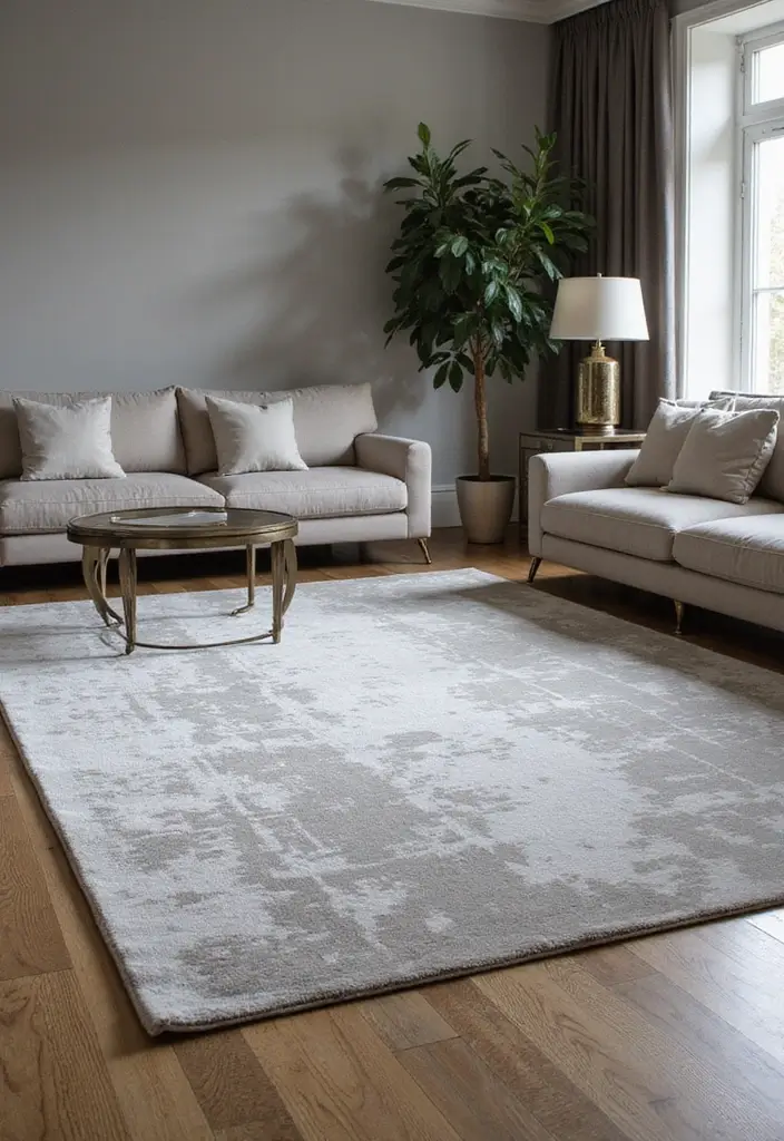27 Neutral Living Room Rug Ideas That Ground Your Space Beautifully - 8. Stone Gray Silk Rug