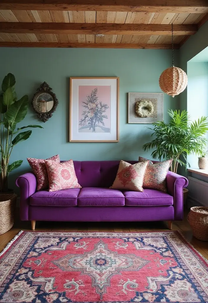 27 Purple Sofa Living Room Ideas That Feel Luxurious and Unique - 1. Cozy Bohemian Bliss