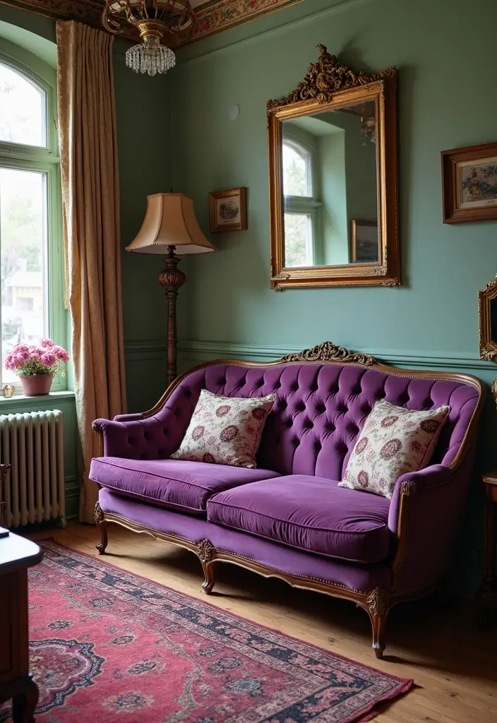 27 Purple Sofa Living Room Ideas That Feel Luxurious and Unique - 10. Vintage Vibes