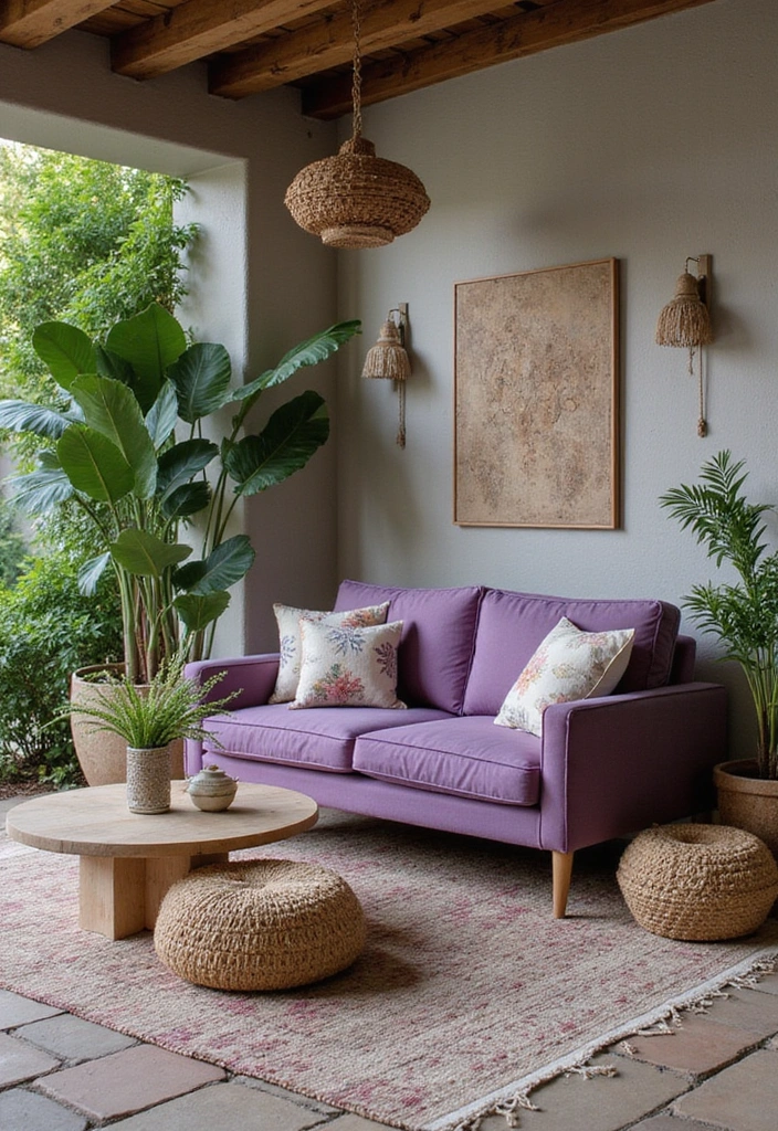 27 Purple Sofa Living Room Ideas That Feel Luxurious and Unique - 11. Outdoor-Inspired