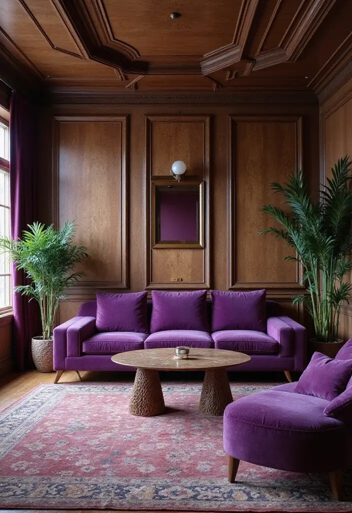 27 Purple Sofa Living Room Ideas That Feel Luxurious and Unique - 12. Art Deco Glam