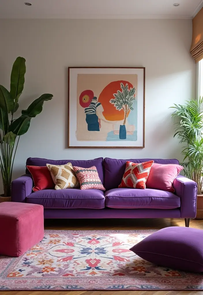 27 Purple Sofa Living Room Ideas That Feel Luxurious and Unique - 13. Playful Patterns