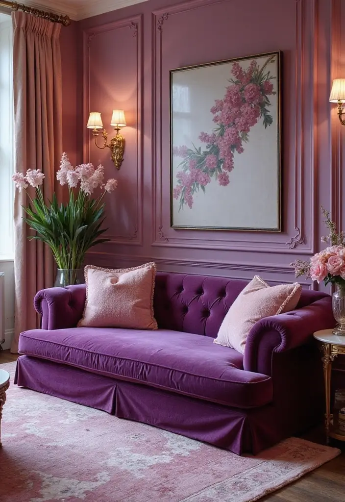 27 Purple Sofa Living Room Ideas That Feel Luxurious and Unique - 15. Glamorous Purple and Pink