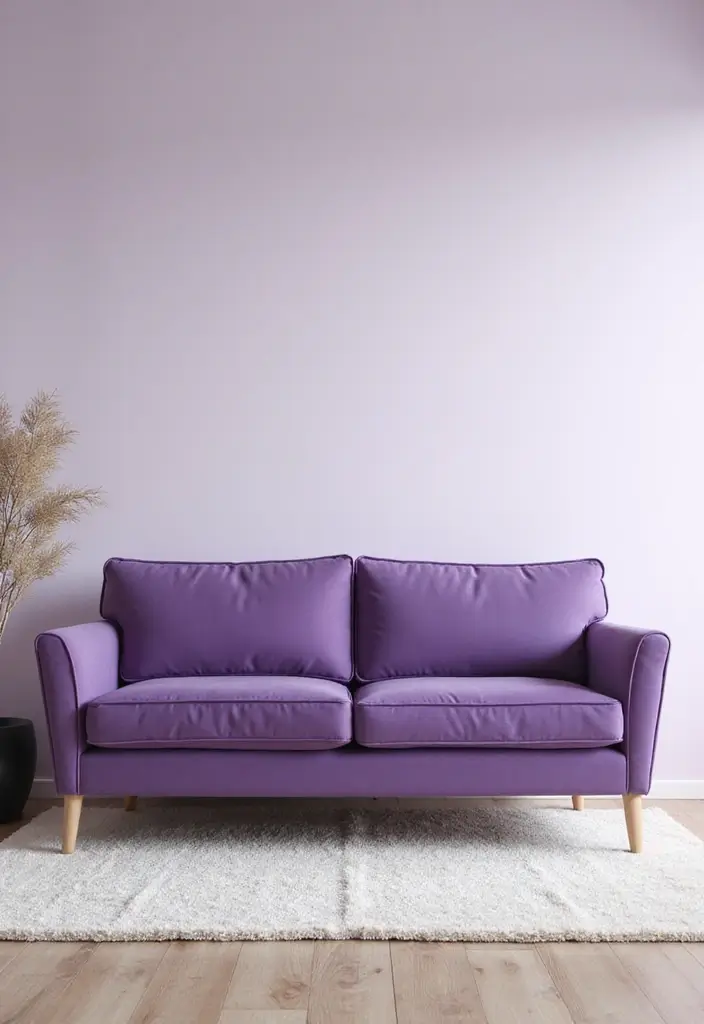 27 Purple Sofa Living Room Ideas That Feel Luxurious and Unique - 16. Mindful Minimalism