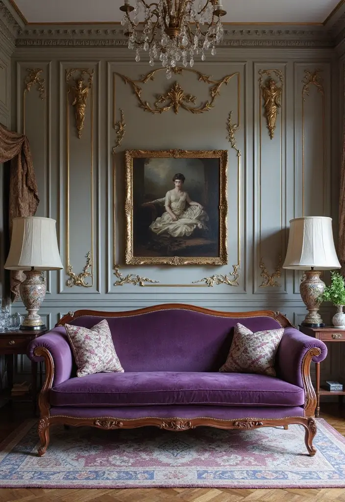 27 Purple Sofa Living Room Ideas That Feel Luxurious and Unique - 17. Classic Patterns