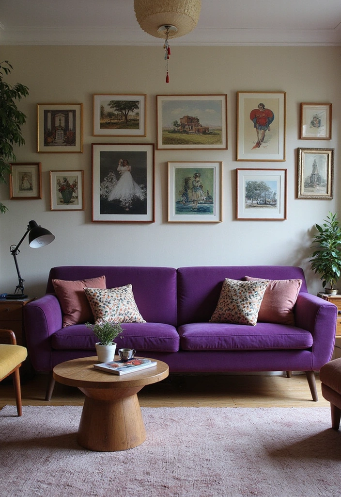 27 Purple Sofa Living Room Ideas That Feel Luxurious and Unique - 19. Vintage Modern Fusion