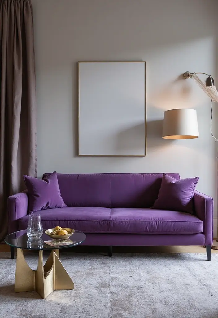 27 Purple Sofa Living Room Ideas That Feel Luxurious and Unique - 2. Modern Elegance