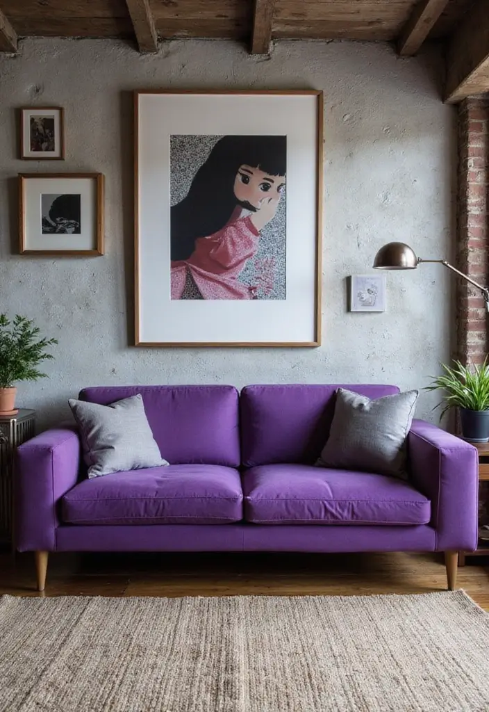 27 Purple Sofa Living Room Ideas That Feel Luxurious and Unique - 20. Urban Chic