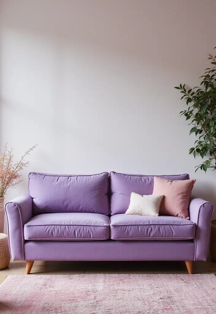 27 Purple Sofa Living Room Ideas That Feel Luxurious and Unique - 21. Feminine Touch