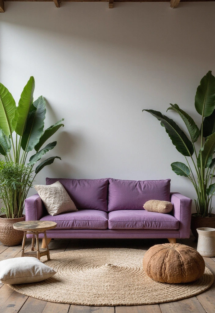 27 Purple Sofa Living Room Ideas That Feel Luxurious and Unique - 23. Nature-Inspired Serenity