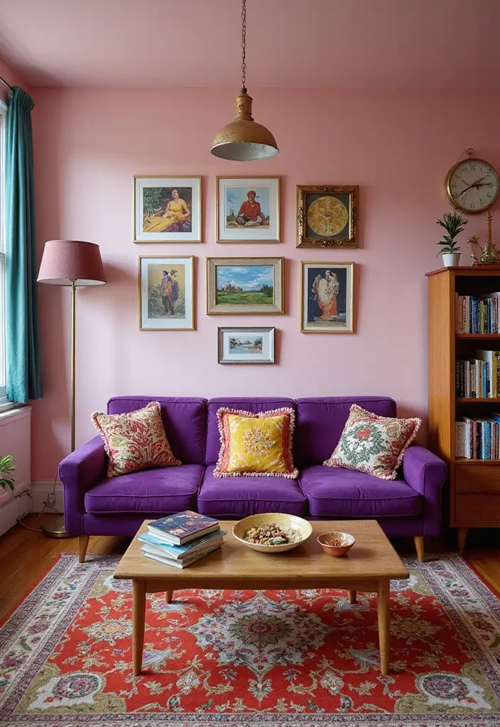 27 Purple Sofa Living Room Ideas That Feel Luxurious and Unique - 24. Retro & Funky