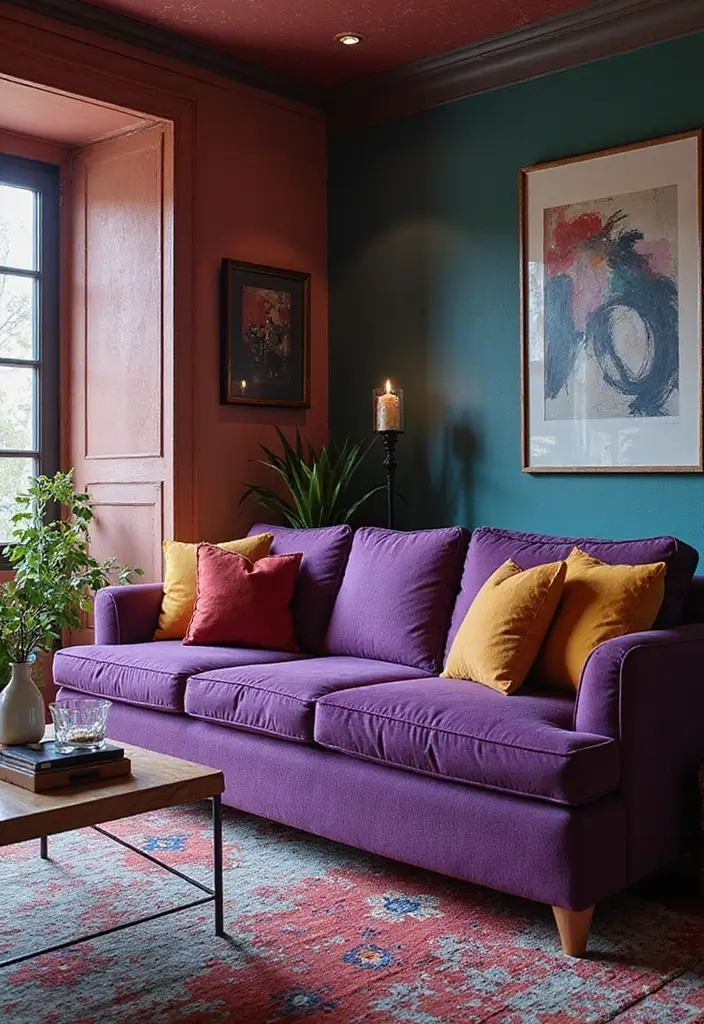27 Purple Sofa Living Room Ideas That Feel Luxurious and Unique - 26. Colorful Harmony