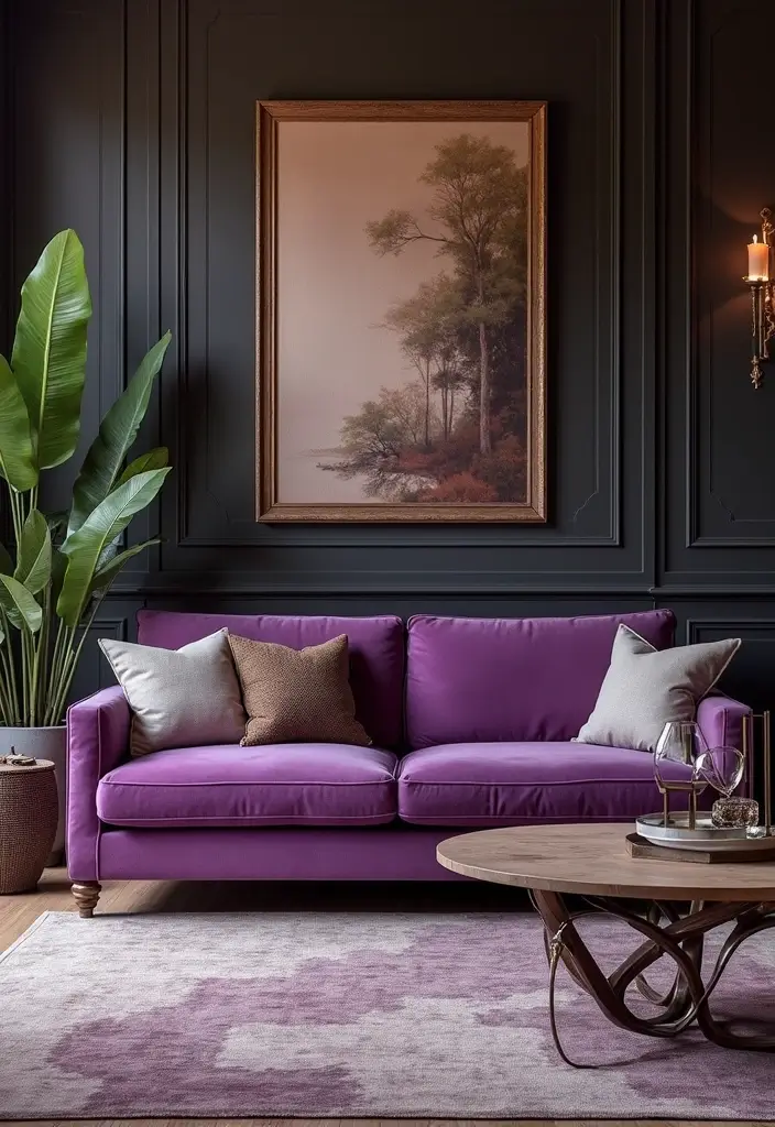 27 Purple Sofa Living Room Ideas That Feel Luxurious and Unique - 27. Luxurious Layering