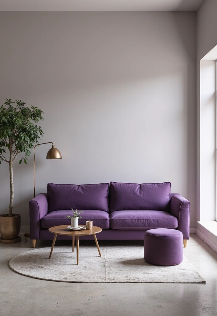 27 Purple Sofa Living Room Ideas That Feel Luxurious and Unique - 4. Chic Minimalism