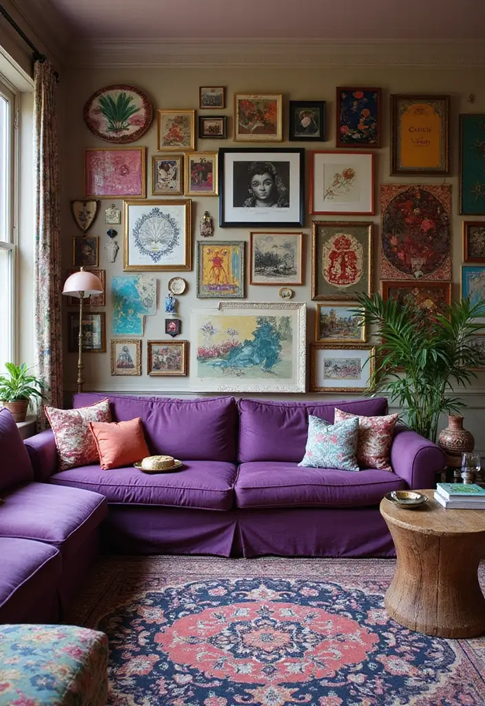27 Purple Sofa Living Room Ideas That Feel Luxurious and Unique - 5. Eclectic Mix