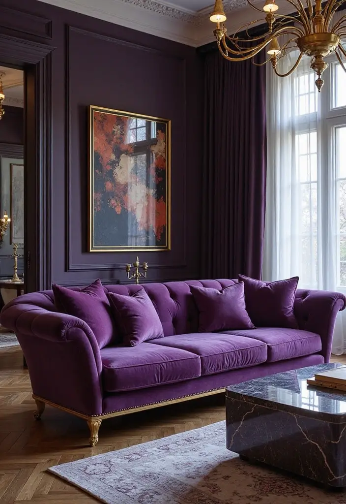 27 Purple Sofa Living Room Ideas That Feel Luxurious and Unique - 6. Glamorous Touch