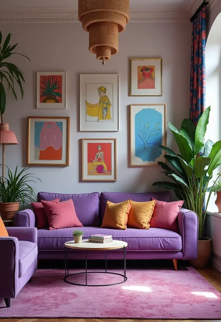 27 Purple Sofa Living Room Ideas That Feel Luxurious and Unique - 7. Artistic Expression