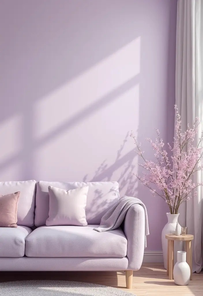 27 Purple Sofa Living Room Ideas That Feel Luxurious and Unique - 8. Soft Lavender Dreams