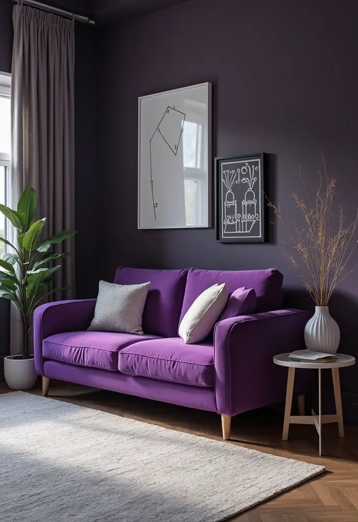 27 Purple Sofa Living Room Ideas That Feel Luxurious and Unique - 9. Bold Contrast