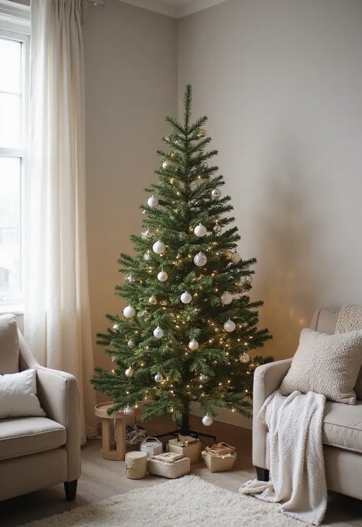 27 Small Living Room Christmas Decor Ideas That Feel Cozy and Festive - 1. Minimalist Holiday Tree