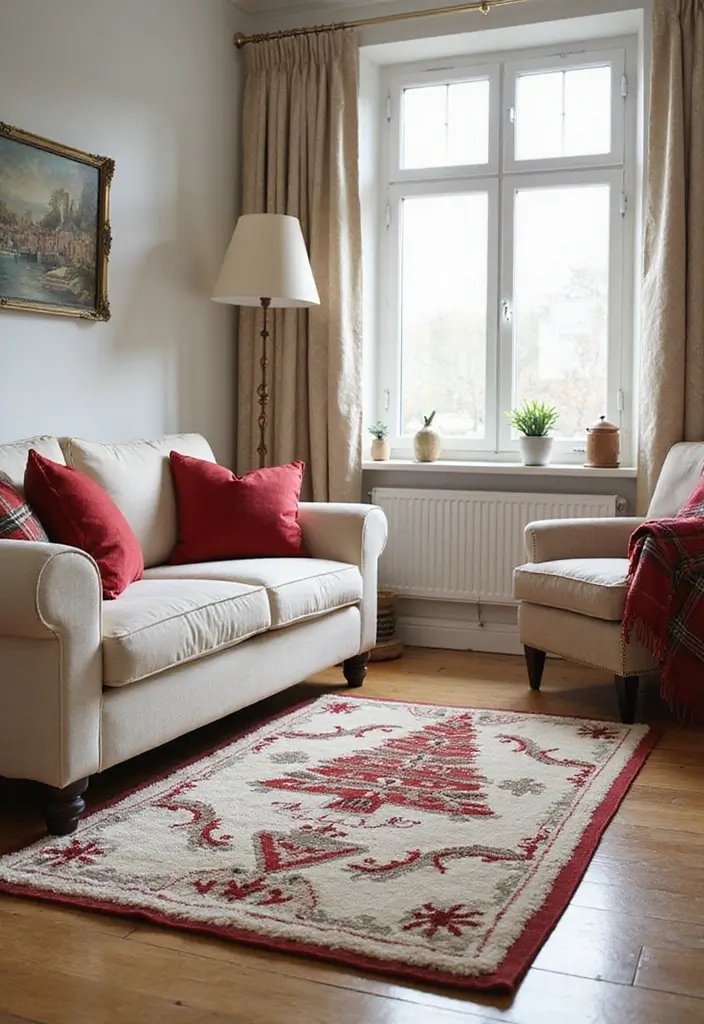 27 Small Living Room Christmas Decor Ideas That Feel Cozy and Festive - 14. Soft Holiday Rugs