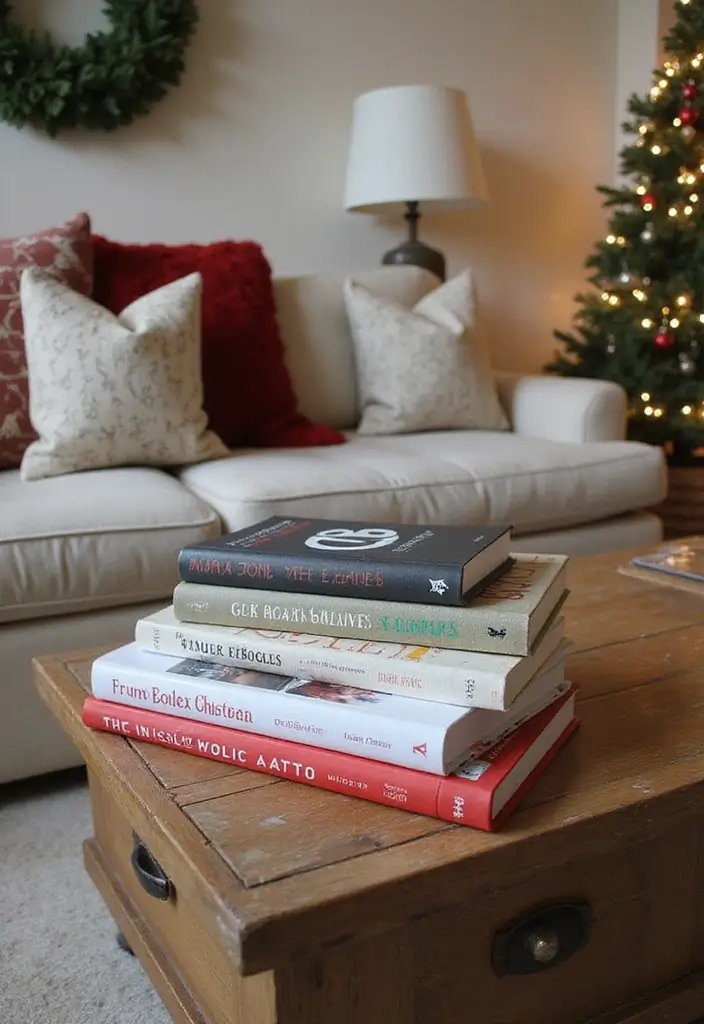 27 Small Living Room Christmas Decor Ideas That Feel Cozy and Festive - 16. Holiday-Themed Books