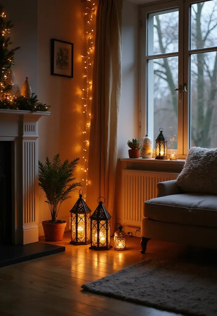 27 Small Living Room Christmas Decor Ideas That Feel Cozy and Festive - 18. Soft Lighting With Lanterns