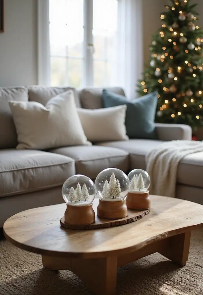 27 Small Living Room Christmas Decor Ideas That Feel Cozy and Festive - 19. Minimalist Snow Globes