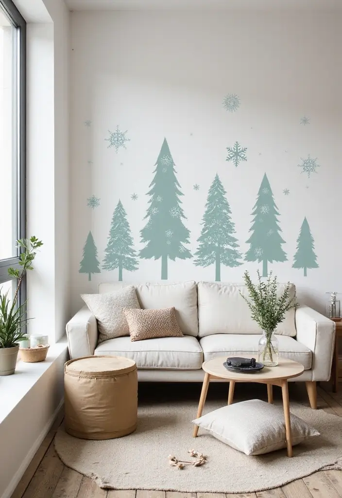 27 Small Living Room Christmas Decor Ideas That Feel Cozy and Festive - 24. Holiday-Inspired Wall Decals