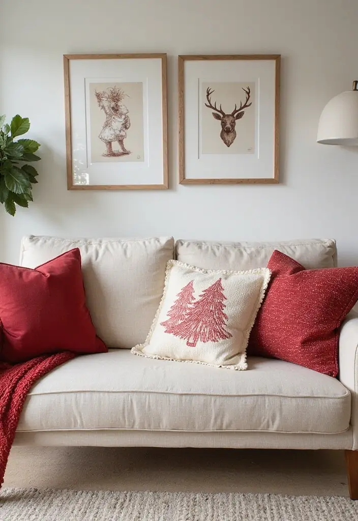 27 Small Living Room Christmas Decor Ideas That Feel Cozy and Festive - 6. Holiday-Inspired Pillows