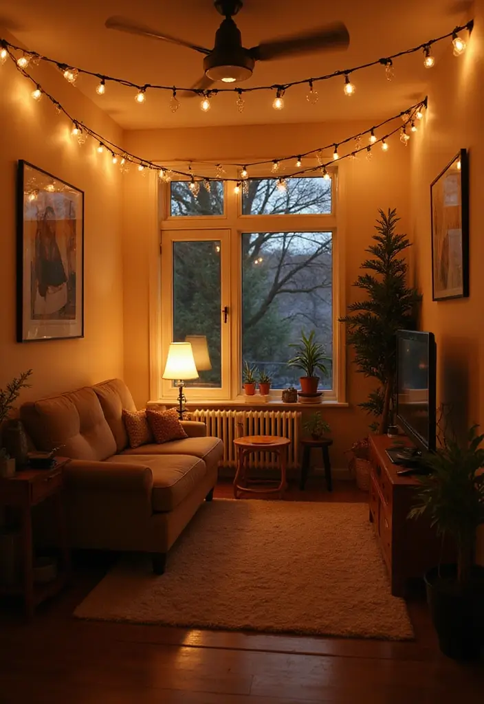 27 Small Living Room Christmas Decor Ideas That Feel Cozy and Festive - 8. String Lights Overhead