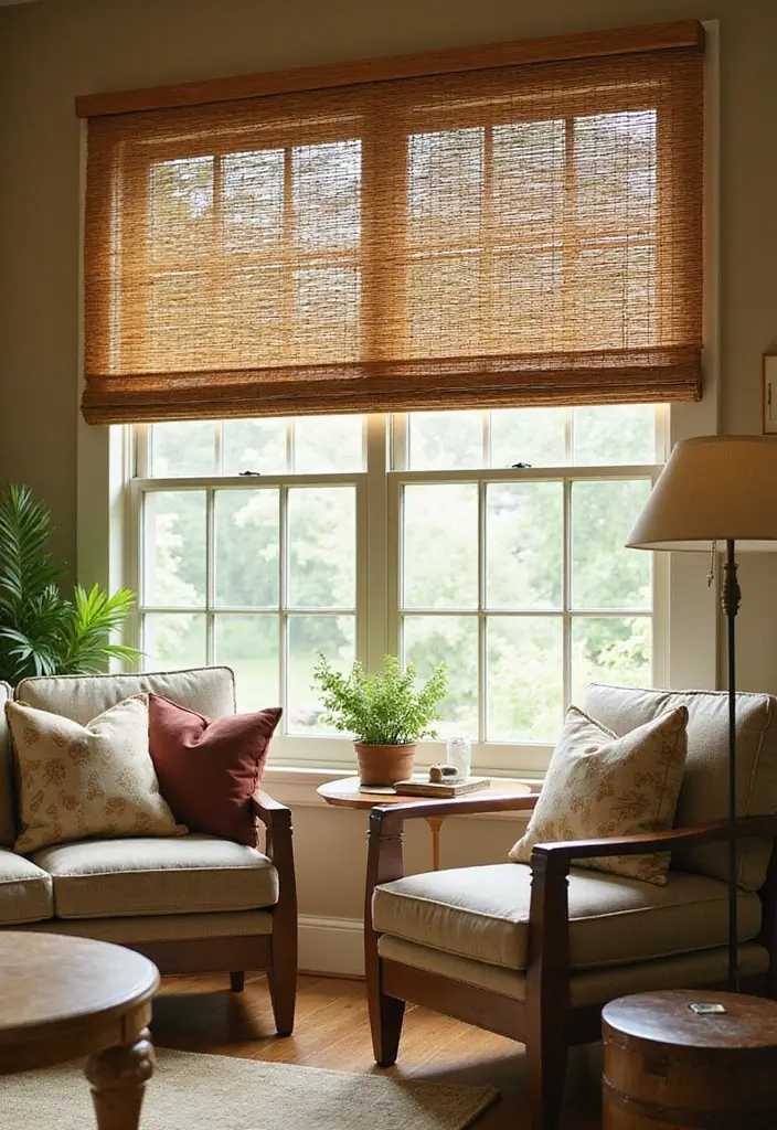 28 Bamboo Living Room Ideas That Feel Natural and Relaxing - 16. Bamboo Window Treatments