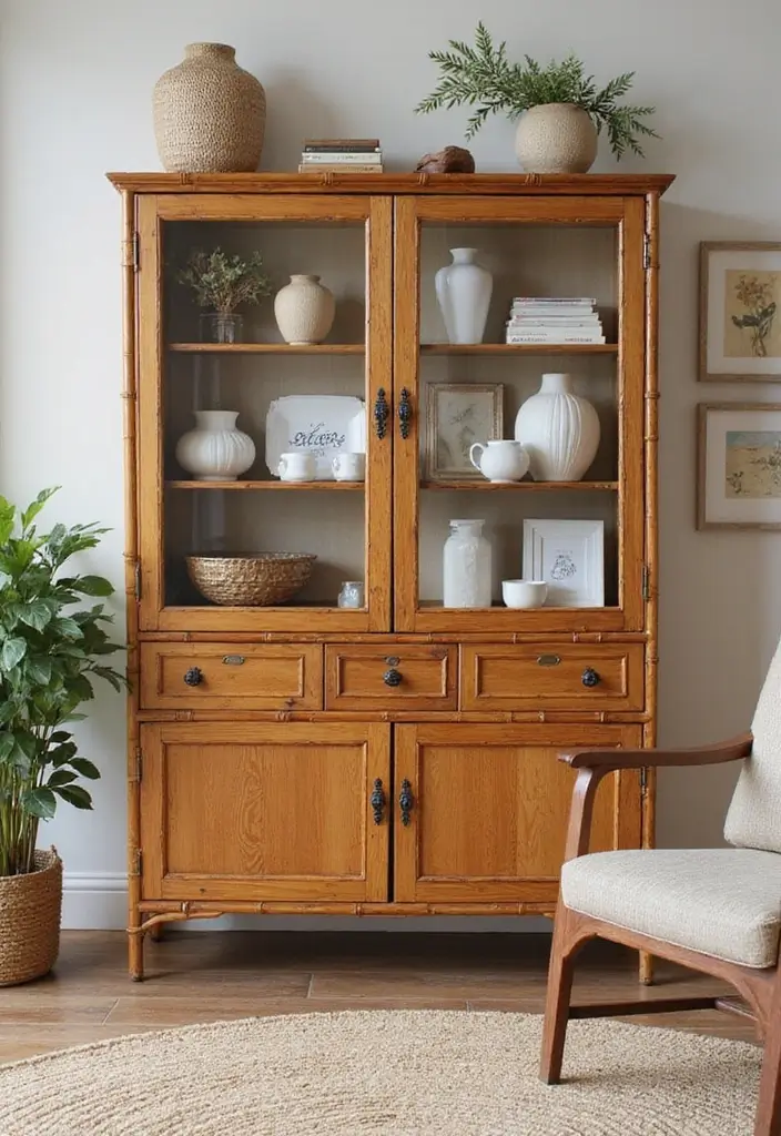 28 Bamboo Living Room Ideas That Feel Natural and Relaxing - 25. Bamboo Display Cabinets