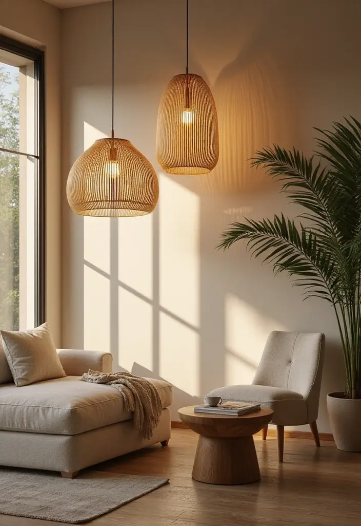 28 Bamboo Living Room Ideas That Feel Natural and Relaxing - 5. Minimalist Bamboo Lighting