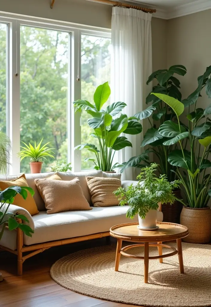 28 Bamboo Living Room Ideas That Feel Natural and Relaxing - 7. Indoor Plants to Pair with Bamboo