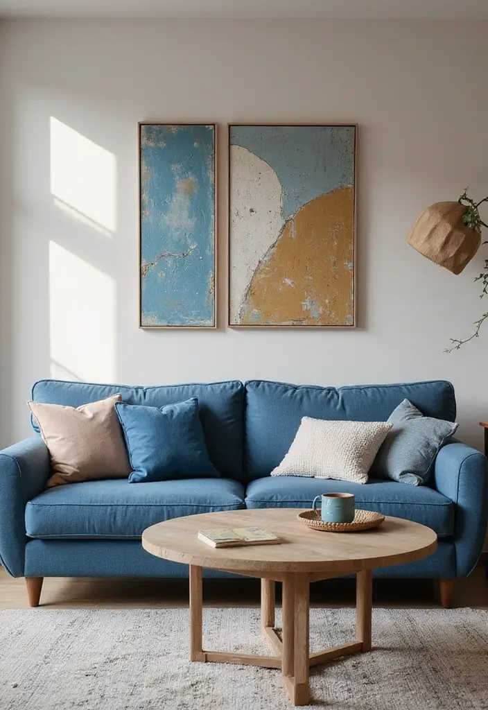 28 Blue and Beige Living Room Ideas That Feel Calm and Balanced - 15. Artistic Touch