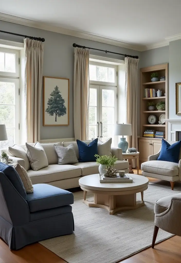 28 Blue and Beige Living Room Ideas That Feel Calm and Balanced - 17. Transitional Style